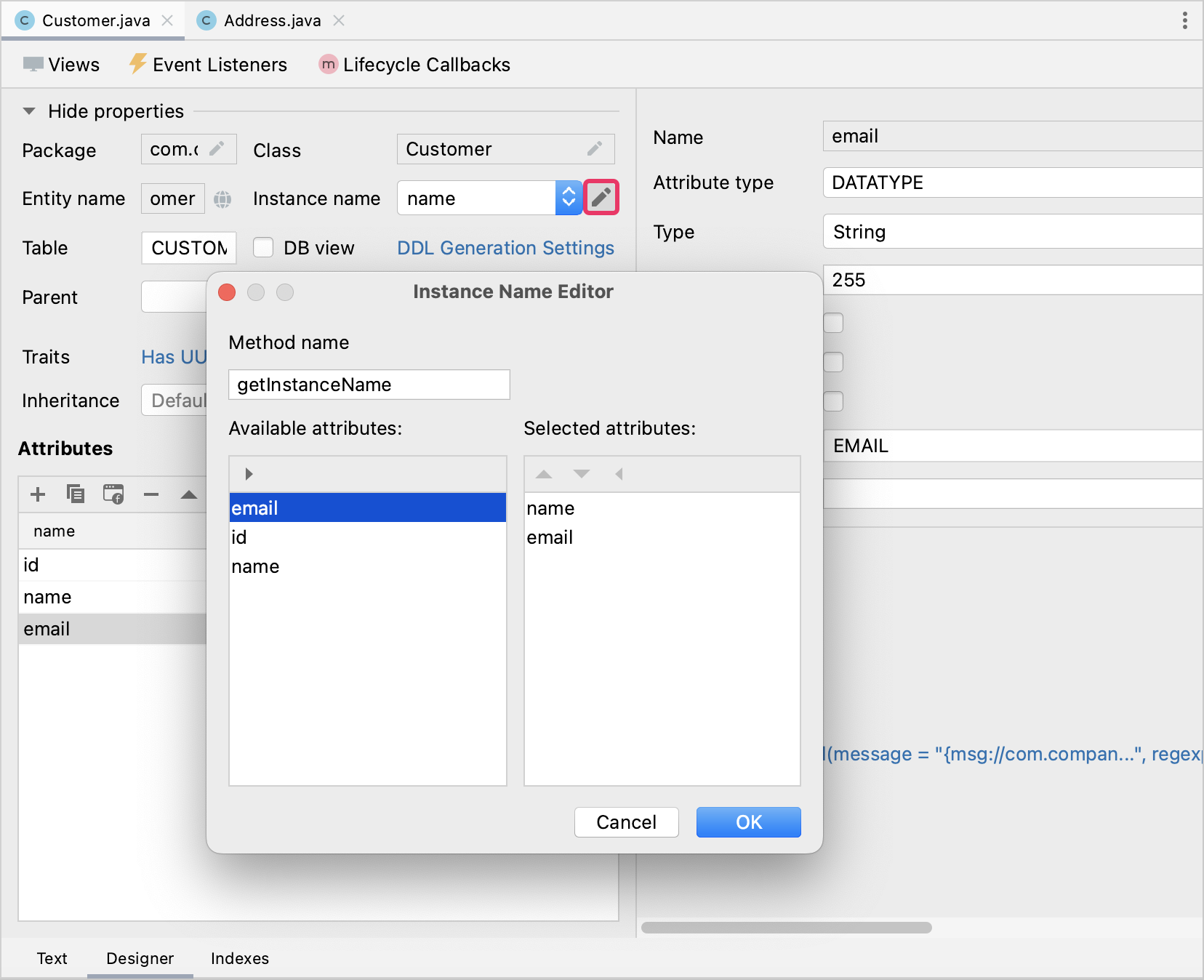 entity instance editor