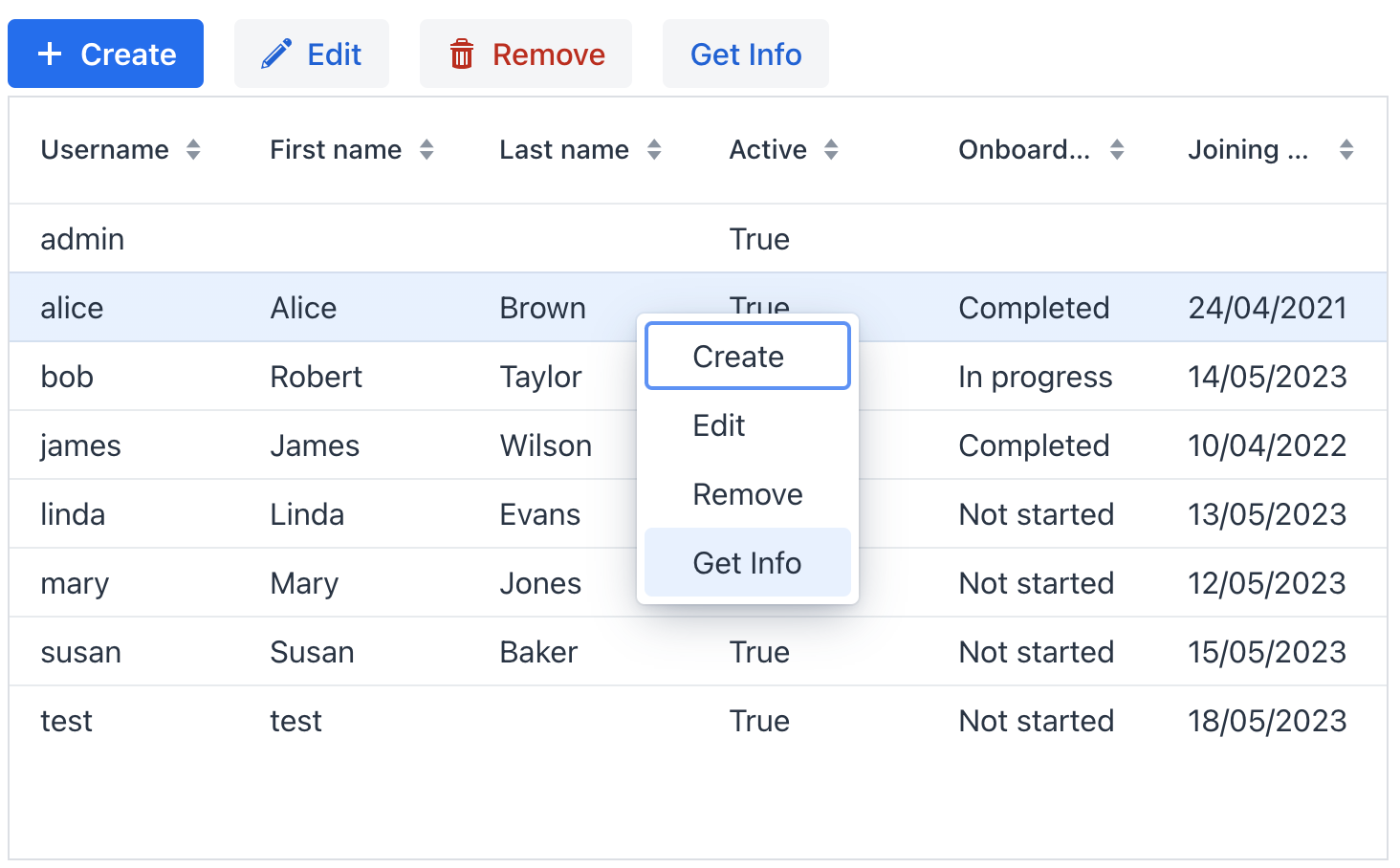 data grid actions