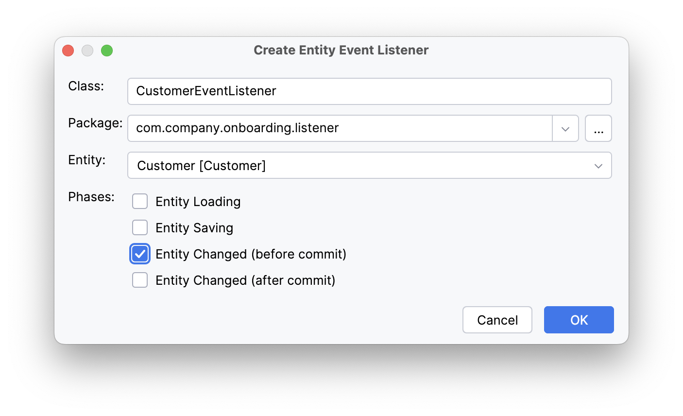 entity designer create listener