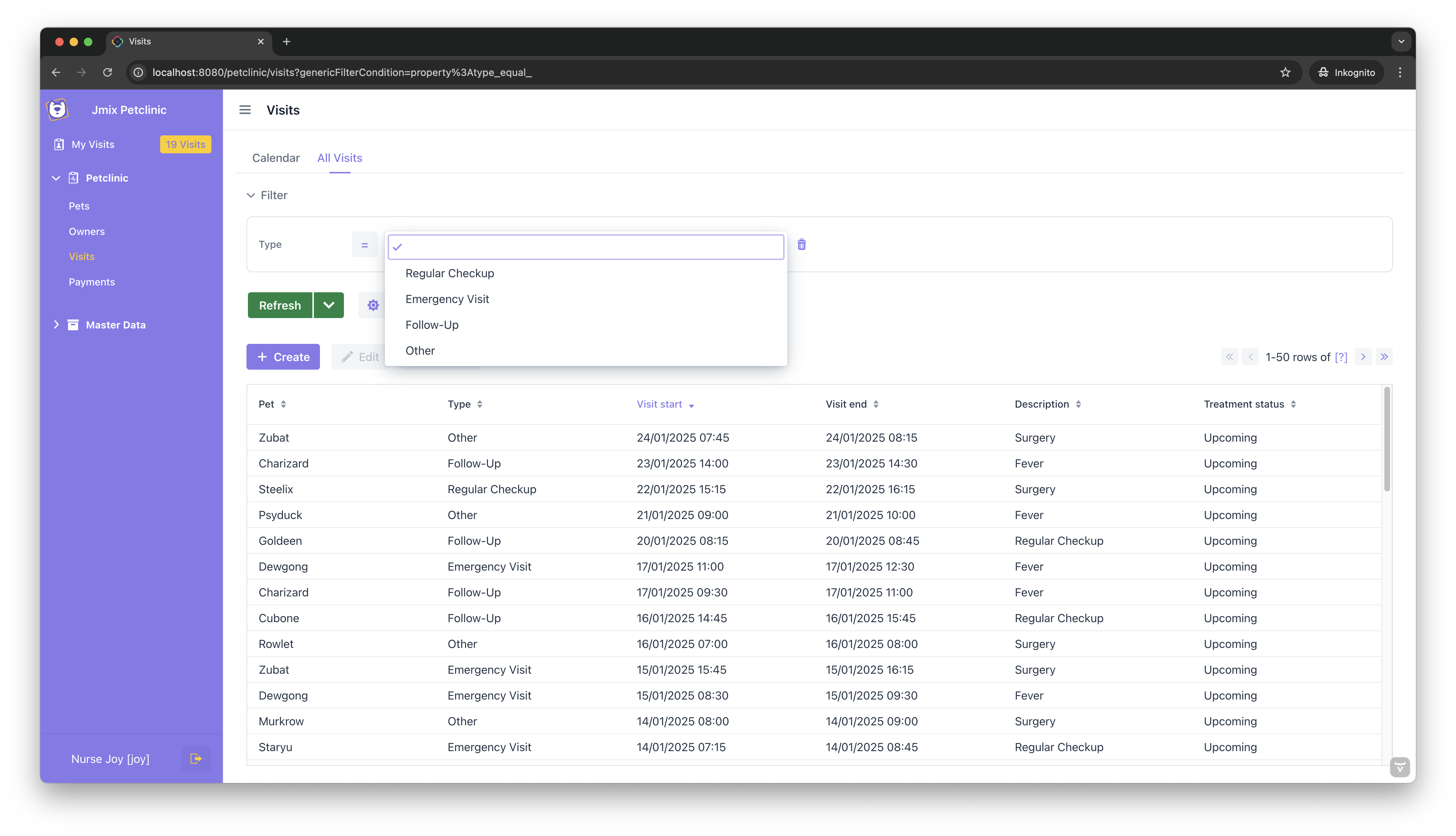 Visit List View with Type Filter