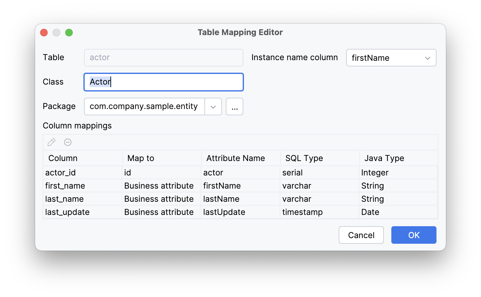 table mapping editor