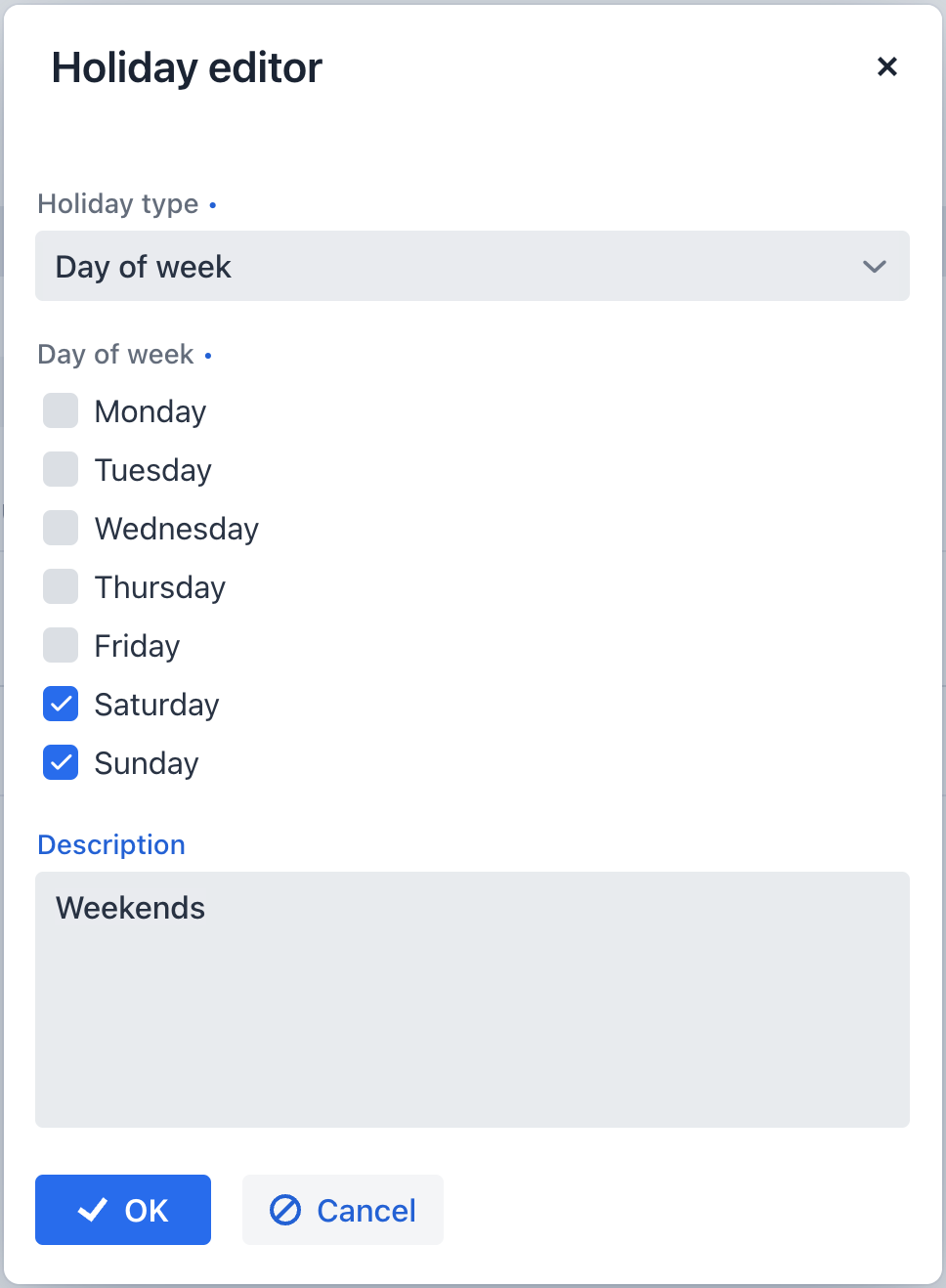 business calendar day of week