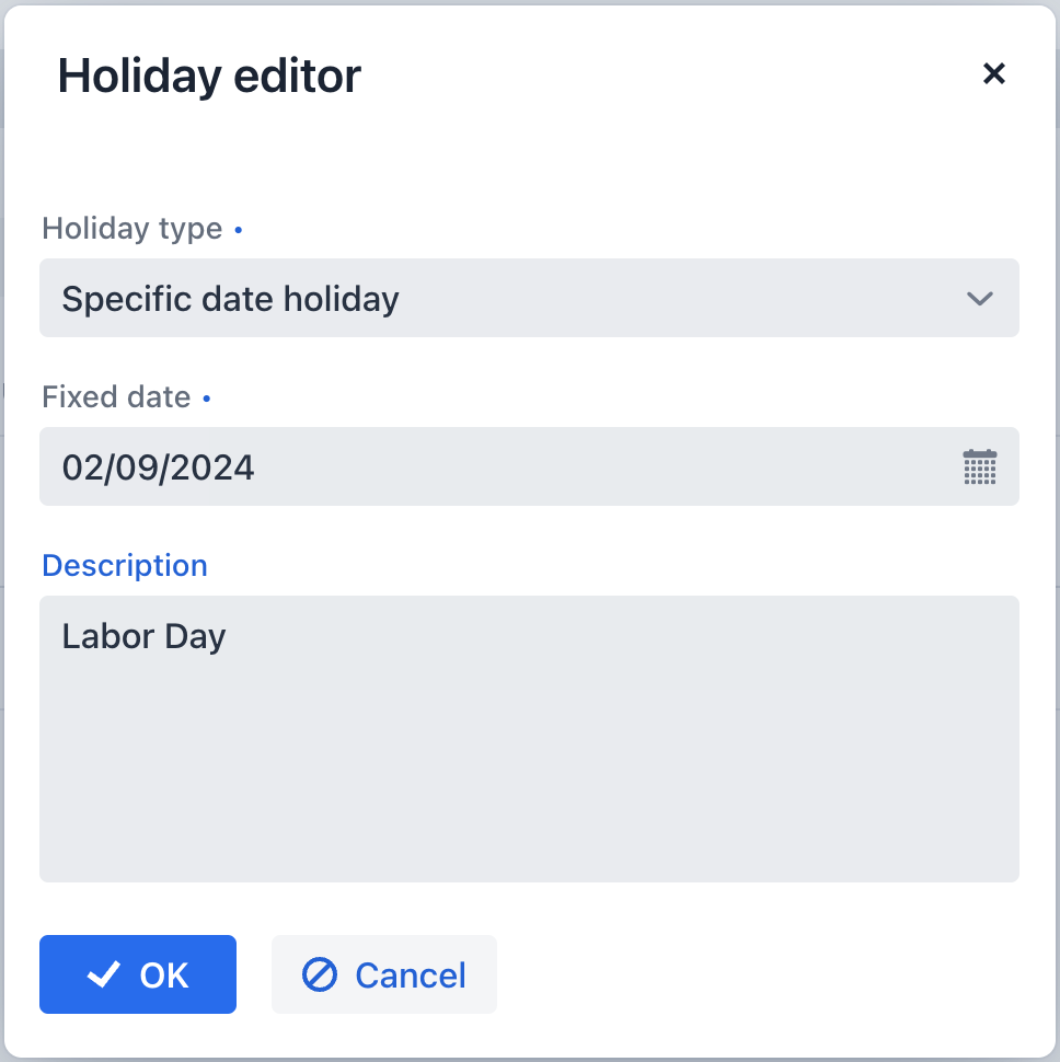 business calendar specific date holiday