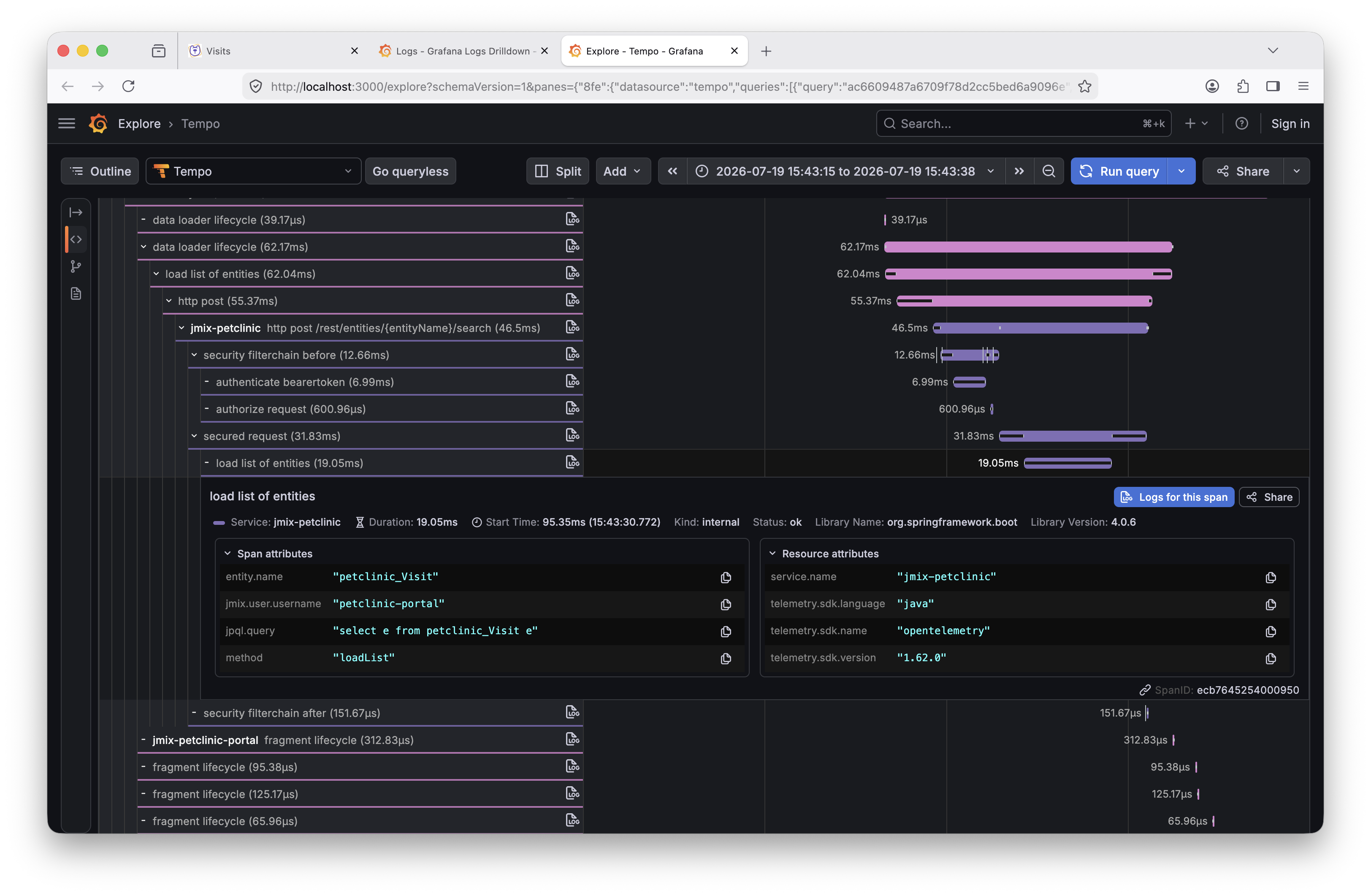 Tempo showing the Portal data load