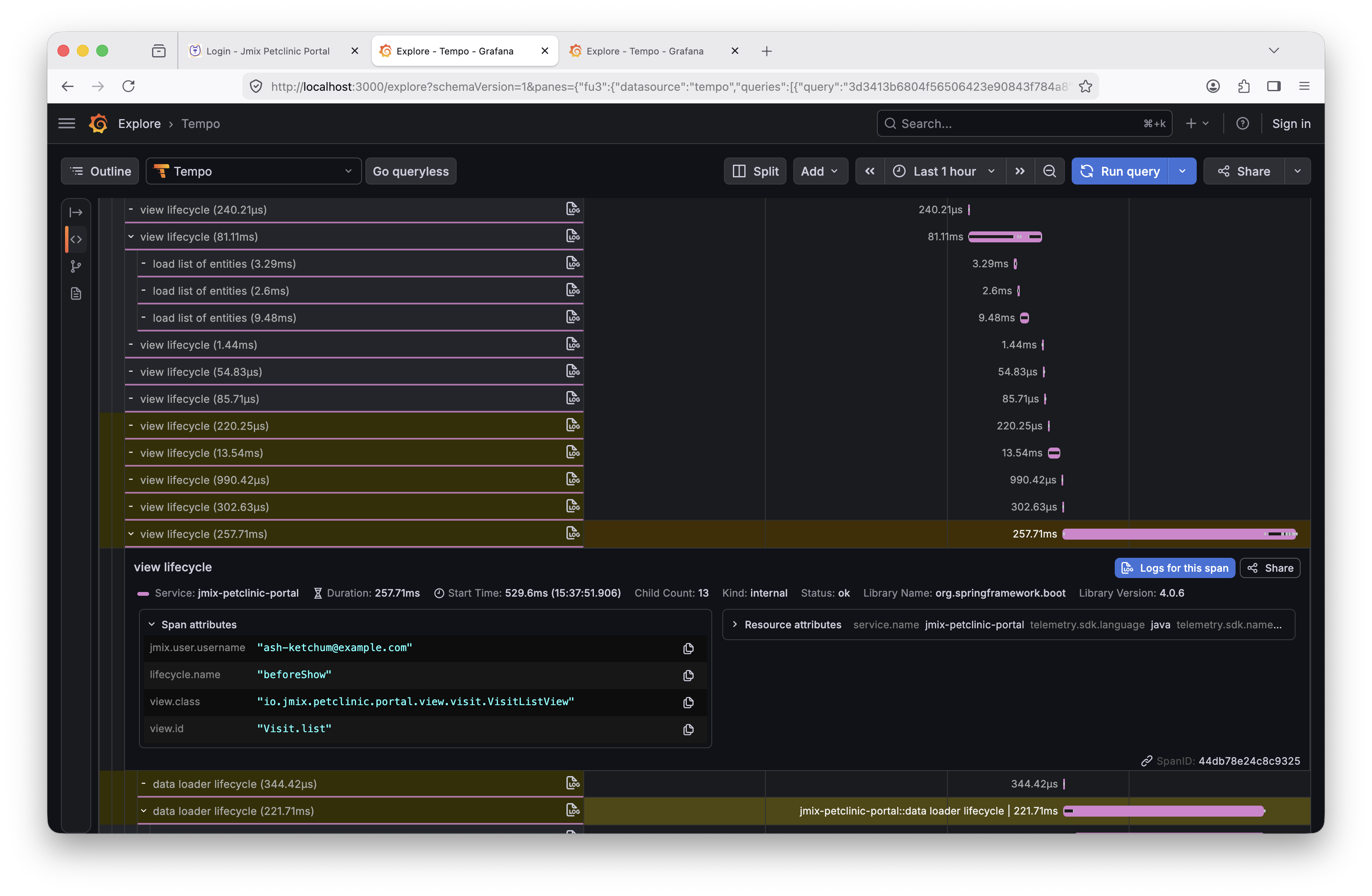 Tempo showing a Jmix UI lifecycle span and its attributes