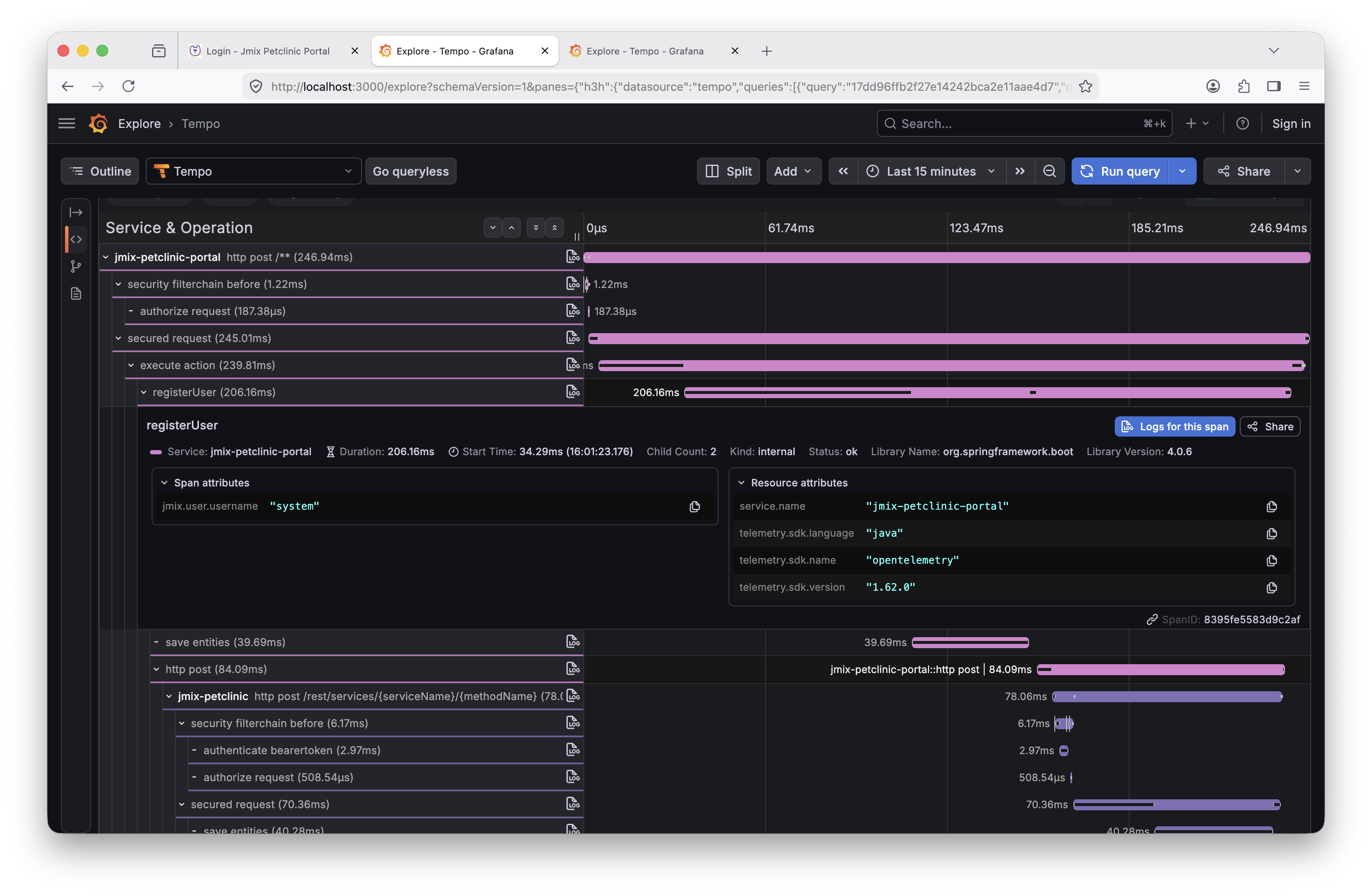 Tempo showing the registerUser span and its child spans in the Portal and Backend