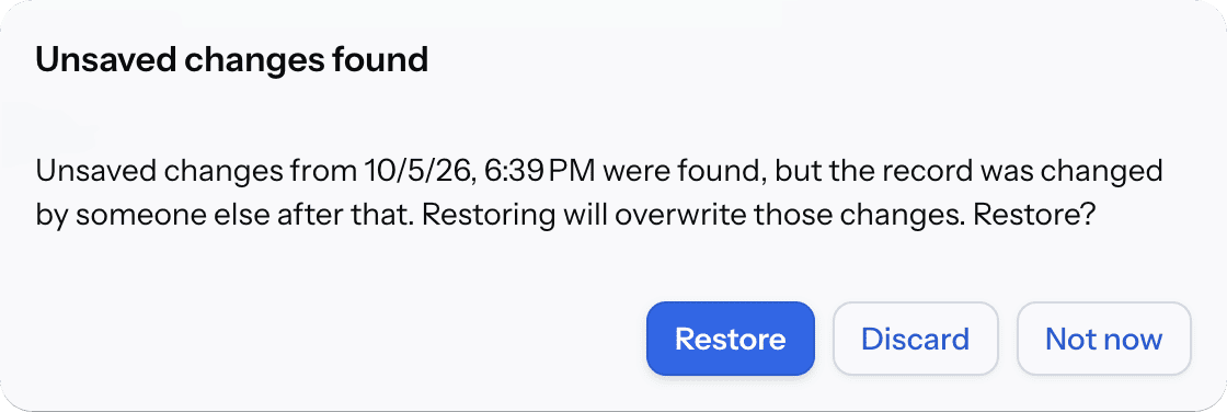 restore dialog version differs